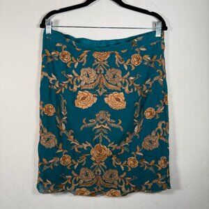 Baraschi Teal Green Golden Floral Embroidered Elegant Scalloped Hem Skirt Size 6